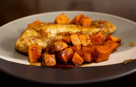 Skillet Chicken with Sweet Potatoes and Maple Glaze - Our Kind of Wonderful