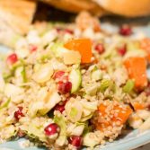 Shredded Brussels Sprout, Sweet Potato and Pomegranate Quinoa Salad - Our Kind of Wonderful