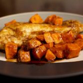 Skillet Chicken with Sweet Potatoes and Maple Glaze - Our Kind of Wonderful