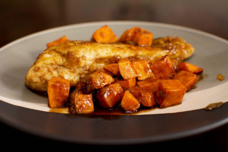 Skillet Chicken with Sweet Potatoes and Maple Glaze - Our Kind of Wonderful