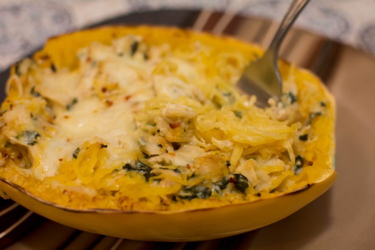 Cheesy Garlic Spinach Parmesan Spaghetti Squash - Our Kind of Wonderful